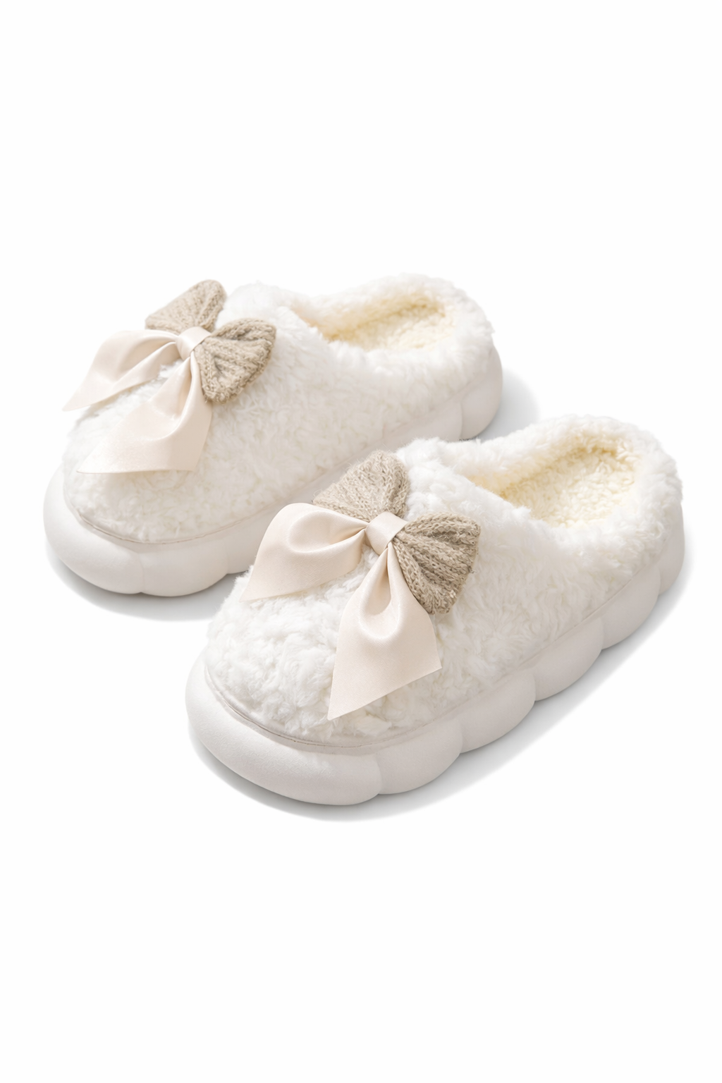 Chaussons fourrures à noeud blanc Femme | Fourrés, Semelle Souple & épaisse