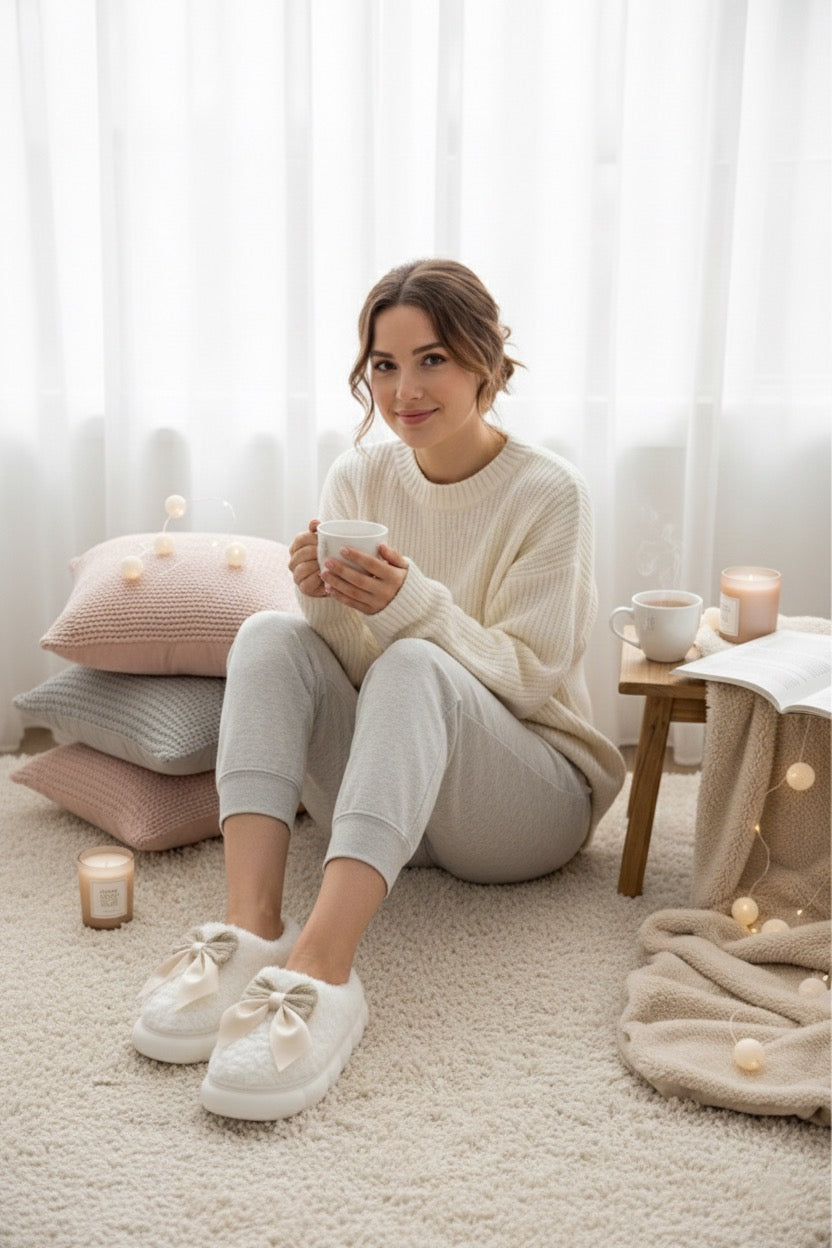 Chaussons fourrures à noeud blanc Femme | Fourrés, Semelle Souple & épaisse