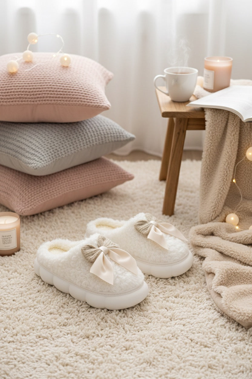 Chaussons fourrures à noeud blanc Femme | Fourrés, Semelle Souple & épaisse