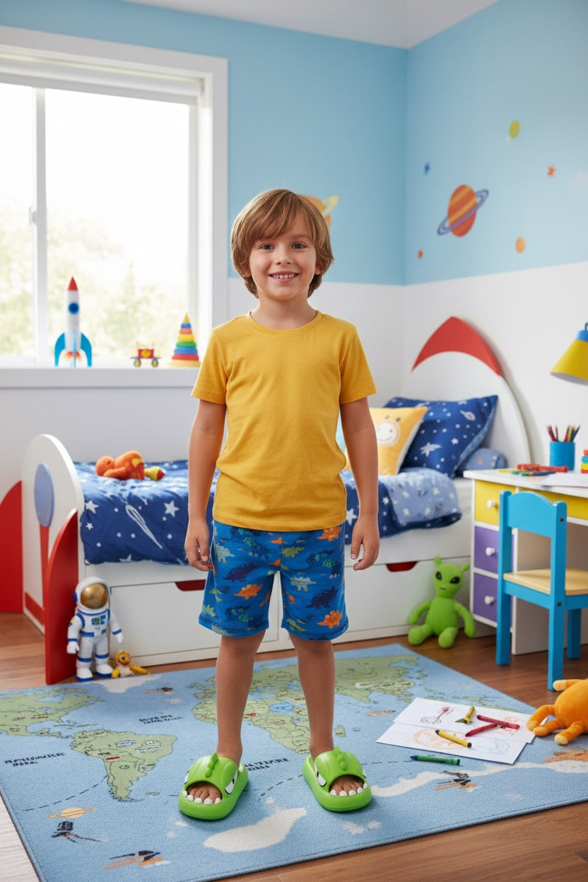 Chaussons enfant garçon Vert dinosaure | Confortables & Antidérapants