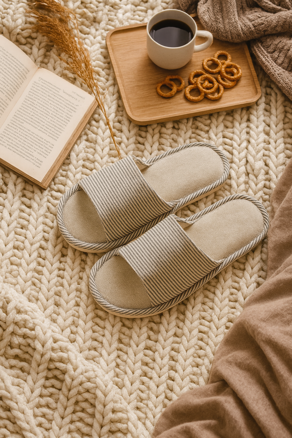 Chaussons homme blanche à rayure fine grise | Confortables & Antidérapants