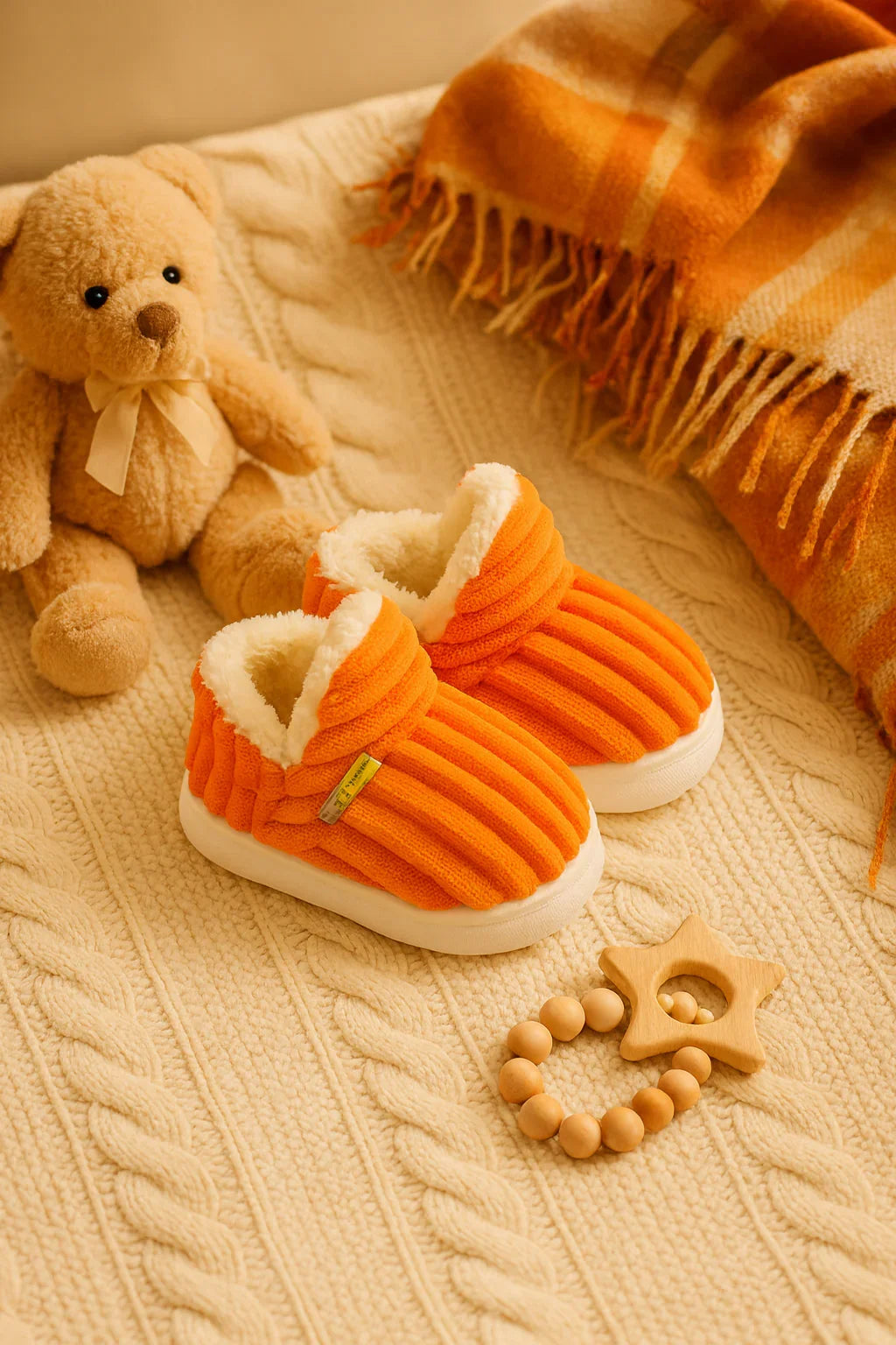 Chaussons bébé orange velours | Antidérapant & Semelle Souple