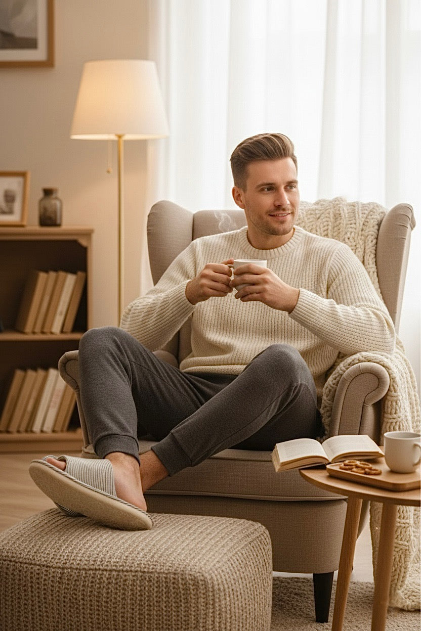 Chaussons homme blanche à rayure fine grise | Confortables & Antidérapants