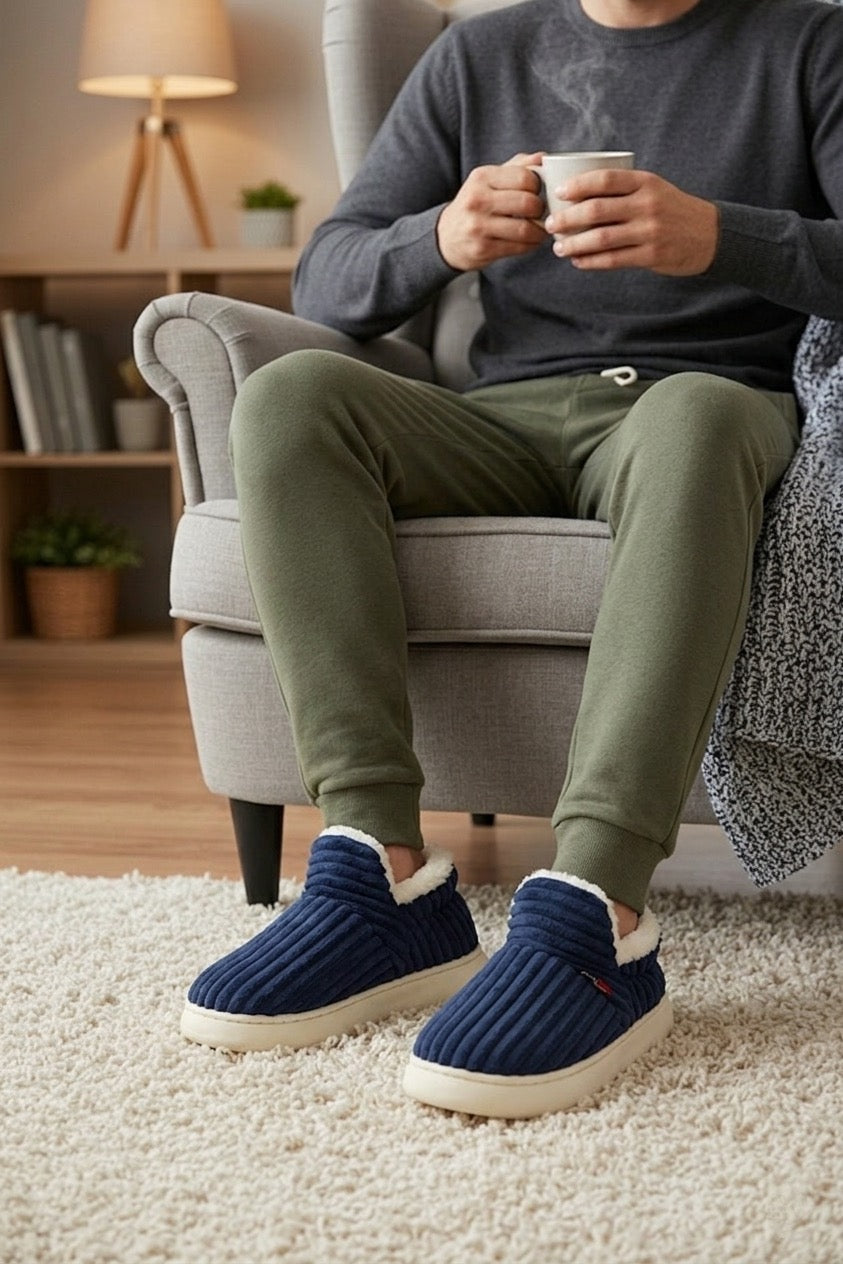 Bottines Pantoufles Hiver bleu velours | Chaude, Montante & Antidérapante Homme