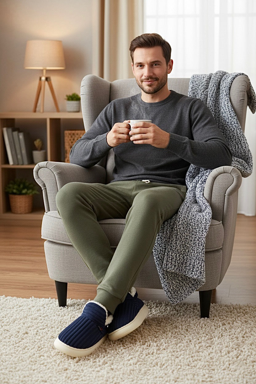 Bottines Pantoufles Hiver bleu velours | Chaude, Montante & Antidérapante Homme